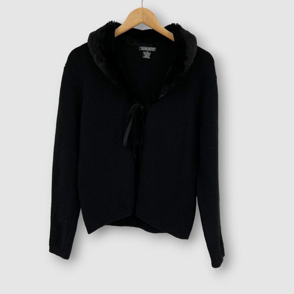 Vintage Harold’s Black Faux Fur Collar Merino Wool Cardigan Sweater Size XL - Picture 1 of 5
